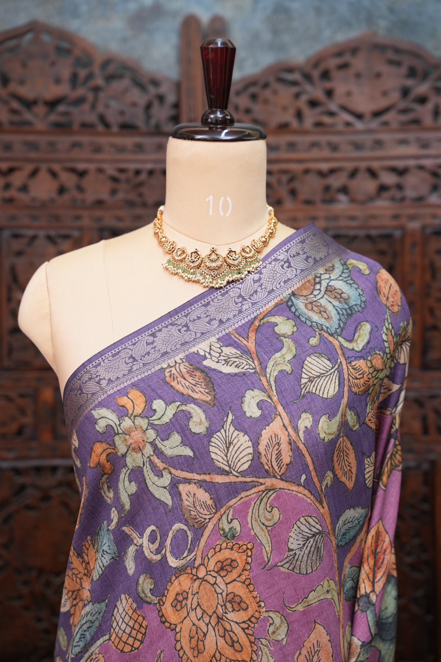 Linen Tussar Saree with Kalamkari Digital Print – Purple Floral Theme