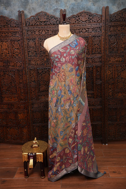 Linen Tussar Saree with Kalamkari Digital Print – Wine Floral Theme