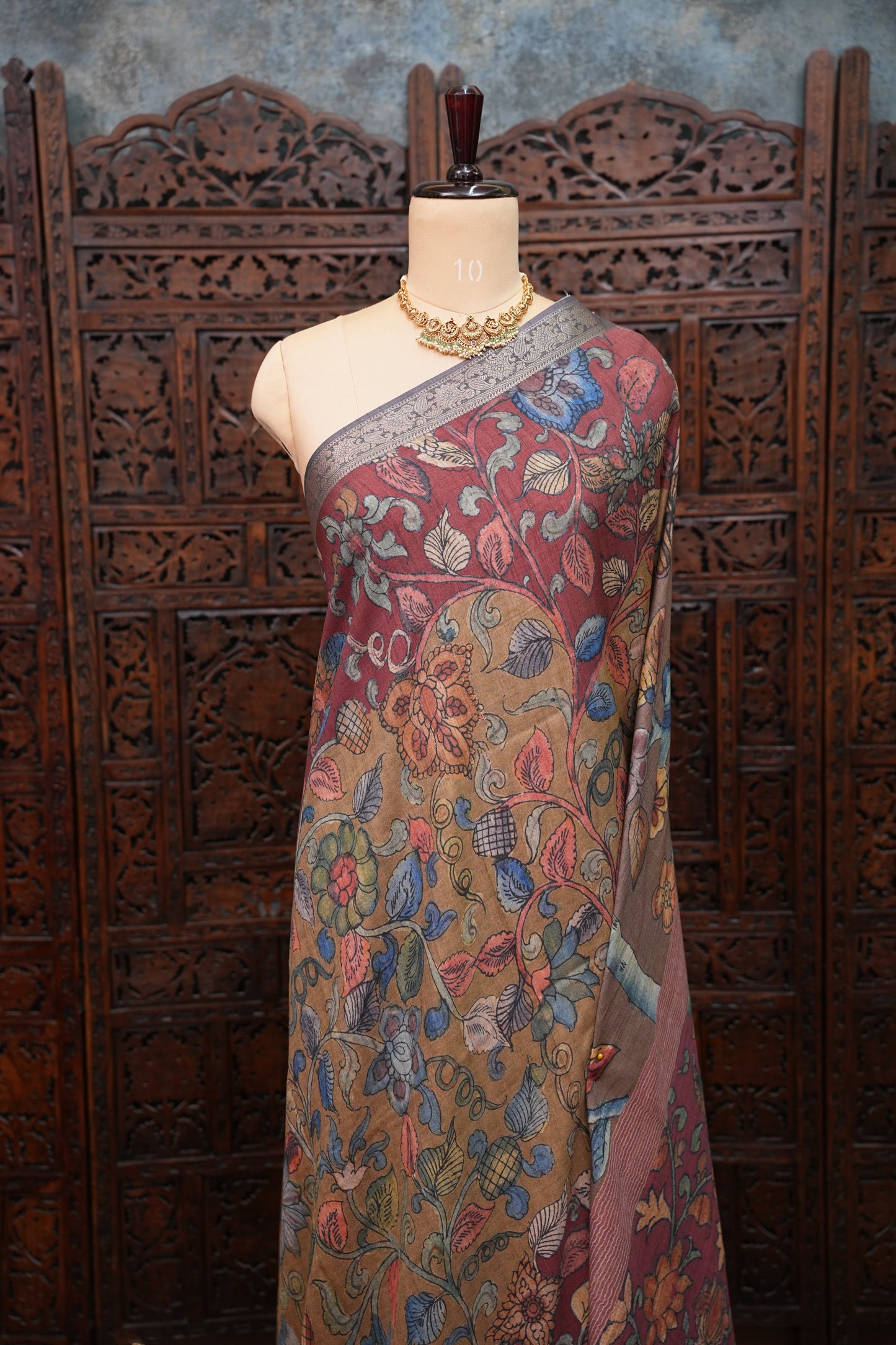 Linen Tussar Saree with Kalamkari Digital Print – Wine Floral Theme