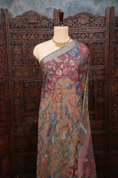 Linen Tussar Saree with Kalamkari Digital Print – Wine Floral Theme