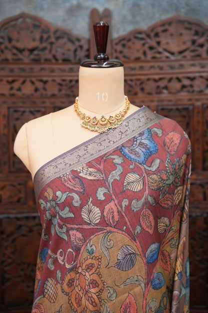 Linen Tussar Saree with Kalamkari Digital Print – Wine Floral Theme