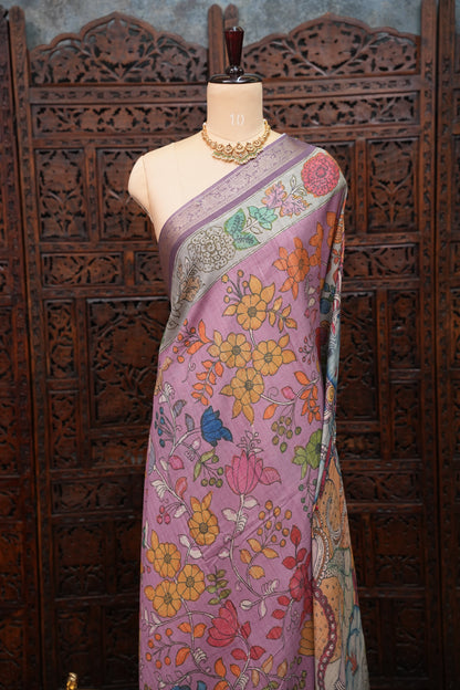Linen Tussar Saree with Kalamkari Digital Print – Lilac Krishna Theme
