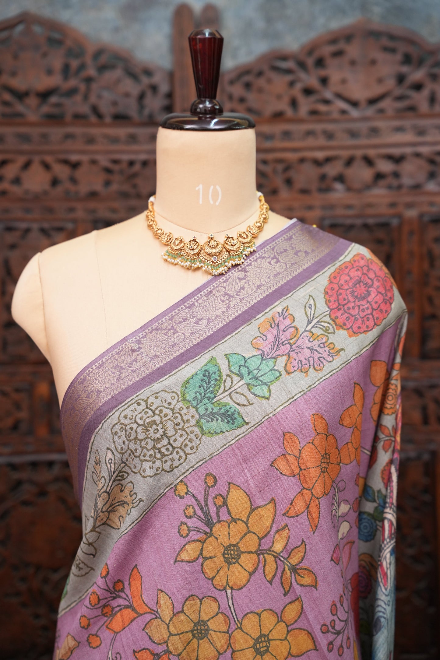 Linen Tussar Saree with Kalamkari Digital Print – Lilac Krishna Theme