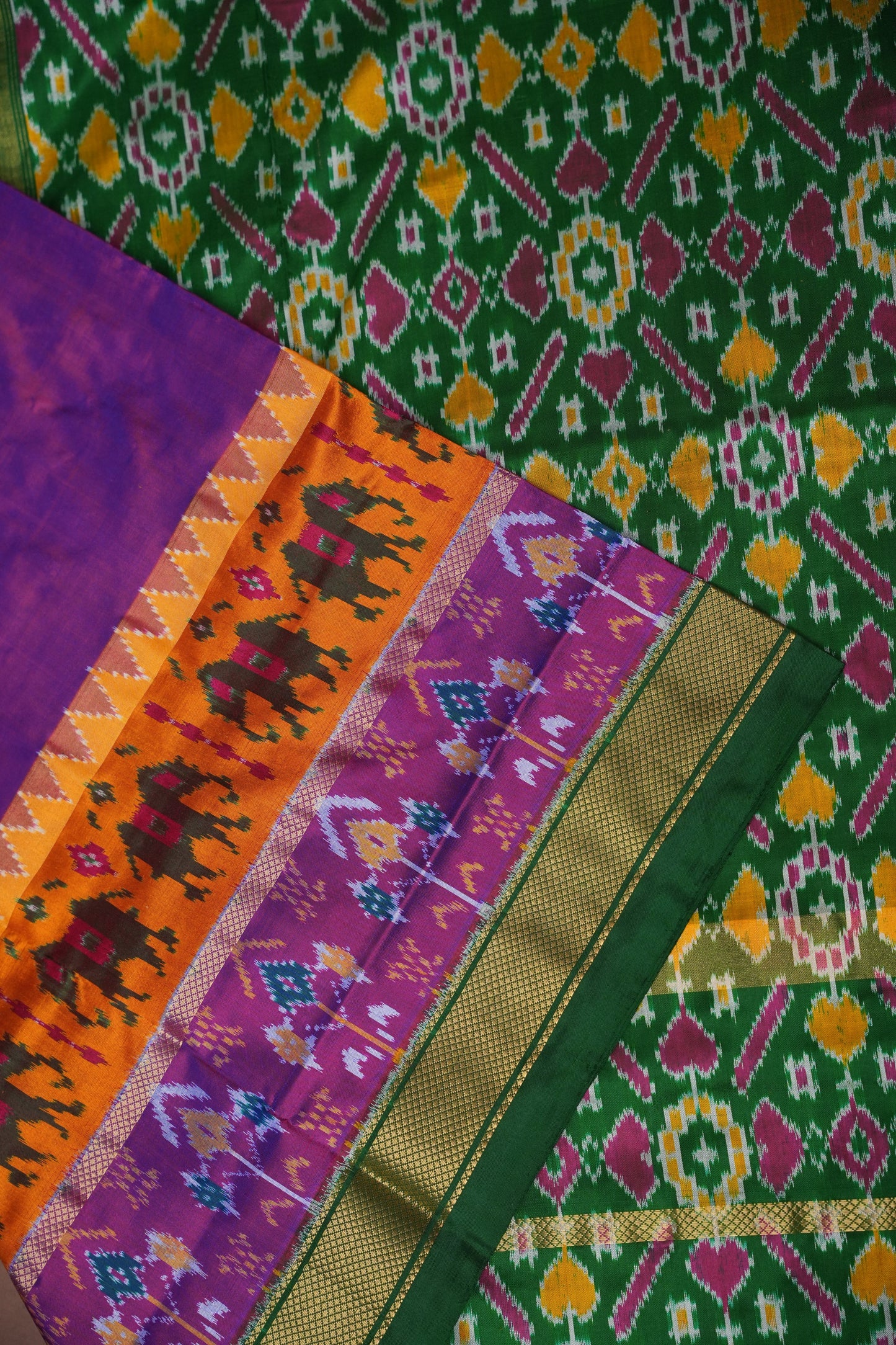 Pure Ikkat Soft Silk Saree - Bottle Green & Deep Purple
