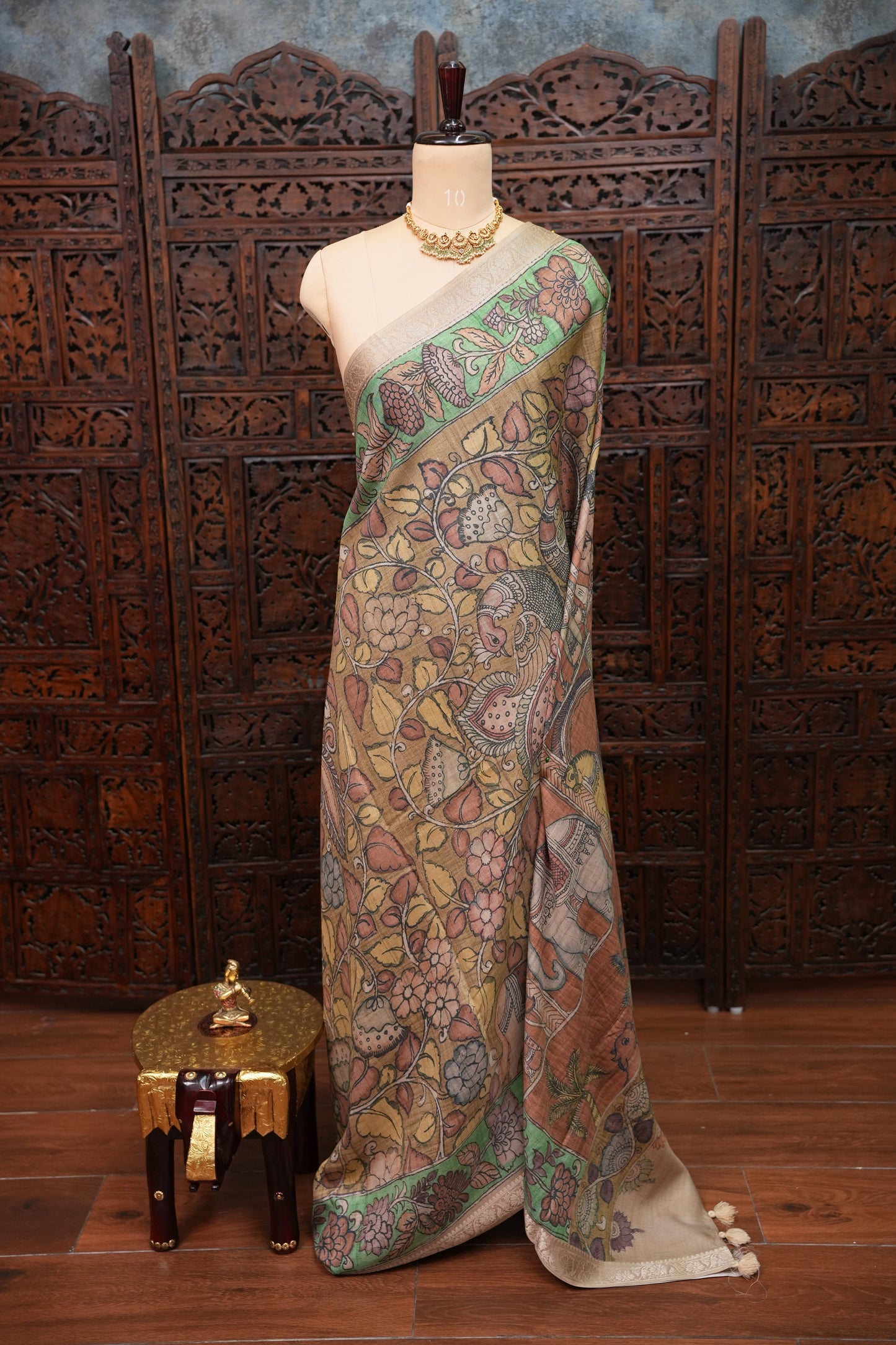 Linen Tussar Saree with Kalamkari Digital Print – Rust Brown Heritage Theme
