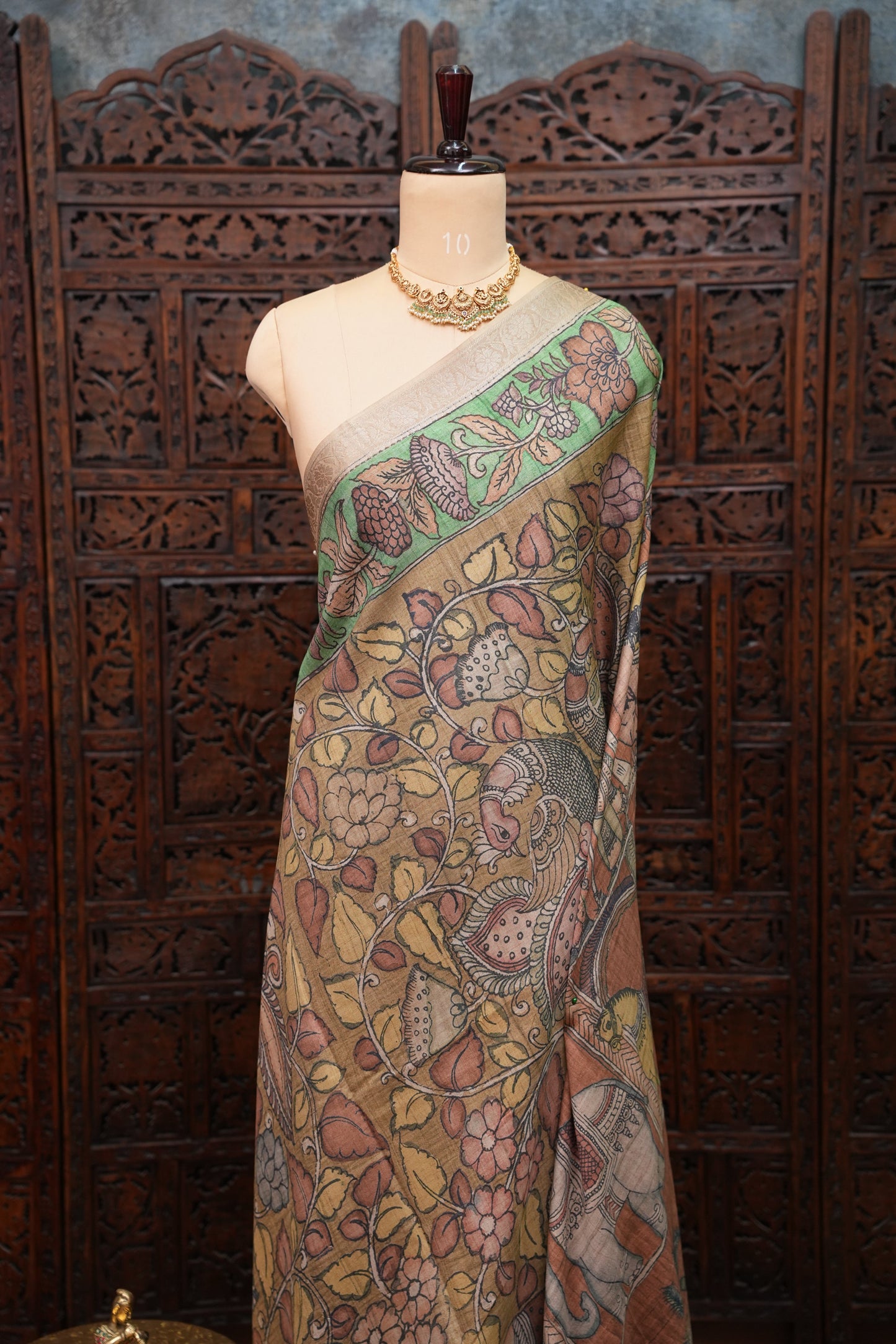 Linen Tussar Saree with Kalamkari Digital Print – Rust Brown Heritage Theme