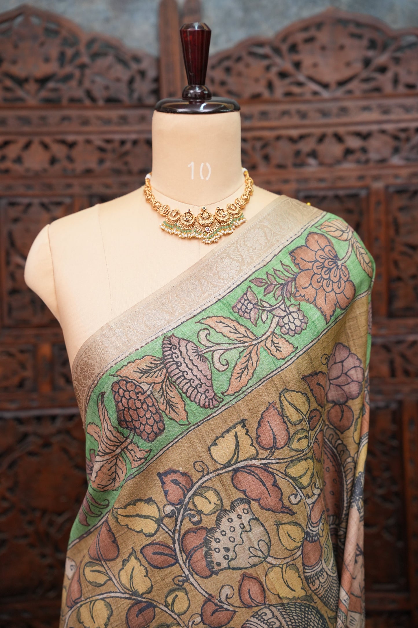 Linen Tussar Saree with Kalamkari Digital Print – Rust Brown Heritage Theme