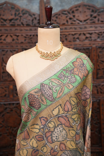 Linen Tussar Saree with Kalamkari Digital Print – Rust Brown Heritage Theme