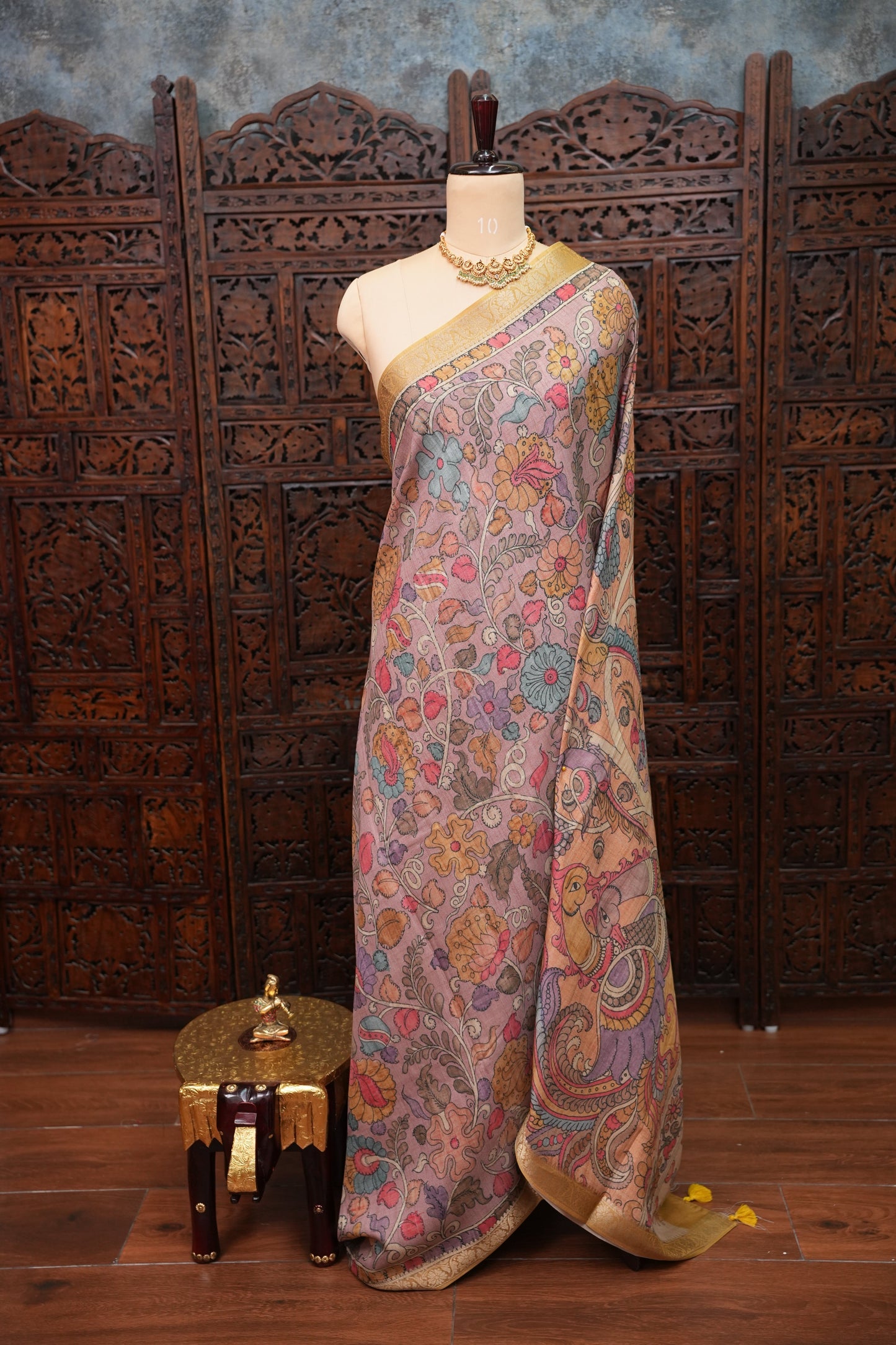 Linen Tussar Saree with Kalamkari Digital Print – Peach Floral & Peacock Theme