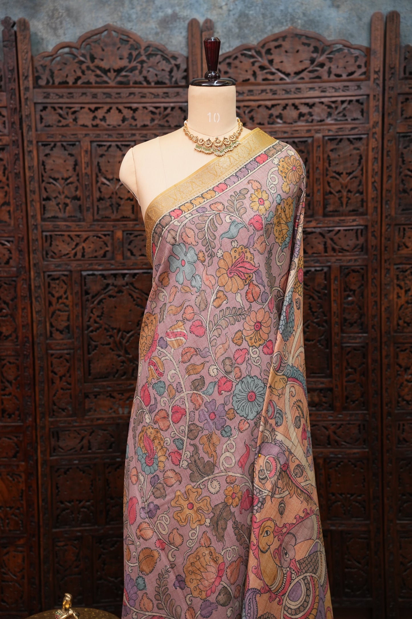 Linen Tussar Saree with Kalamkari Digital Print – Peach Floral & Peacock Theme