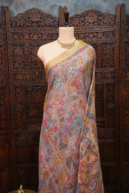Linen Tussar Saree with Kalamkari Digital Print – Peach Floral & Peacock Theme