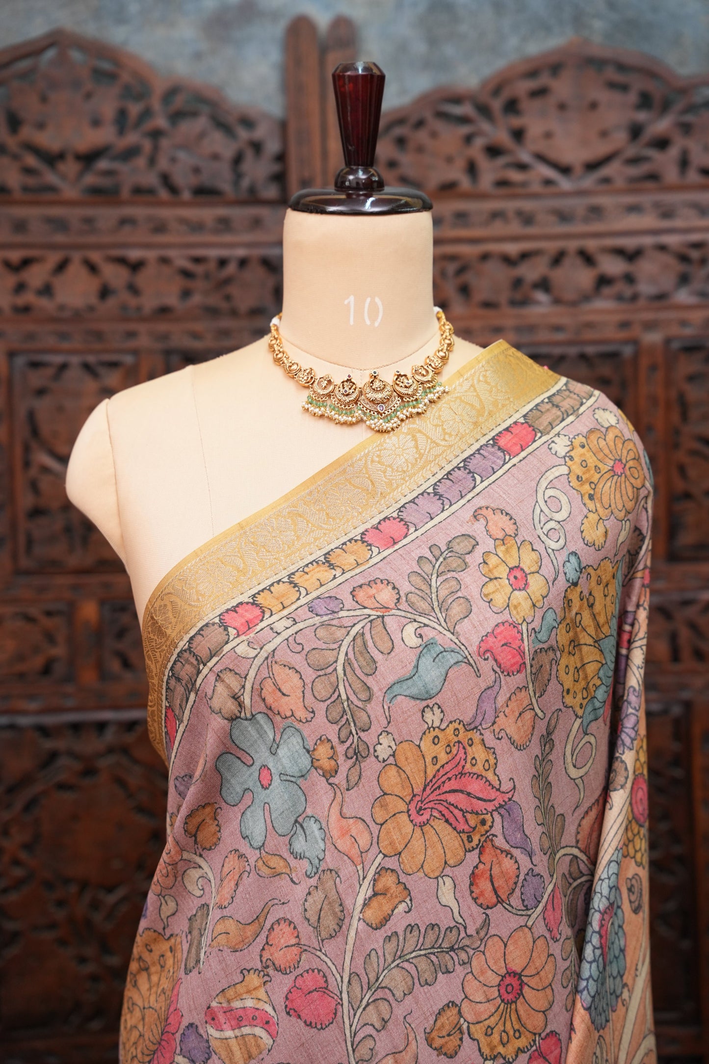 Linen Tussar Saree with Kalamkari Digital Print – Peach Floral & Peacock Theme