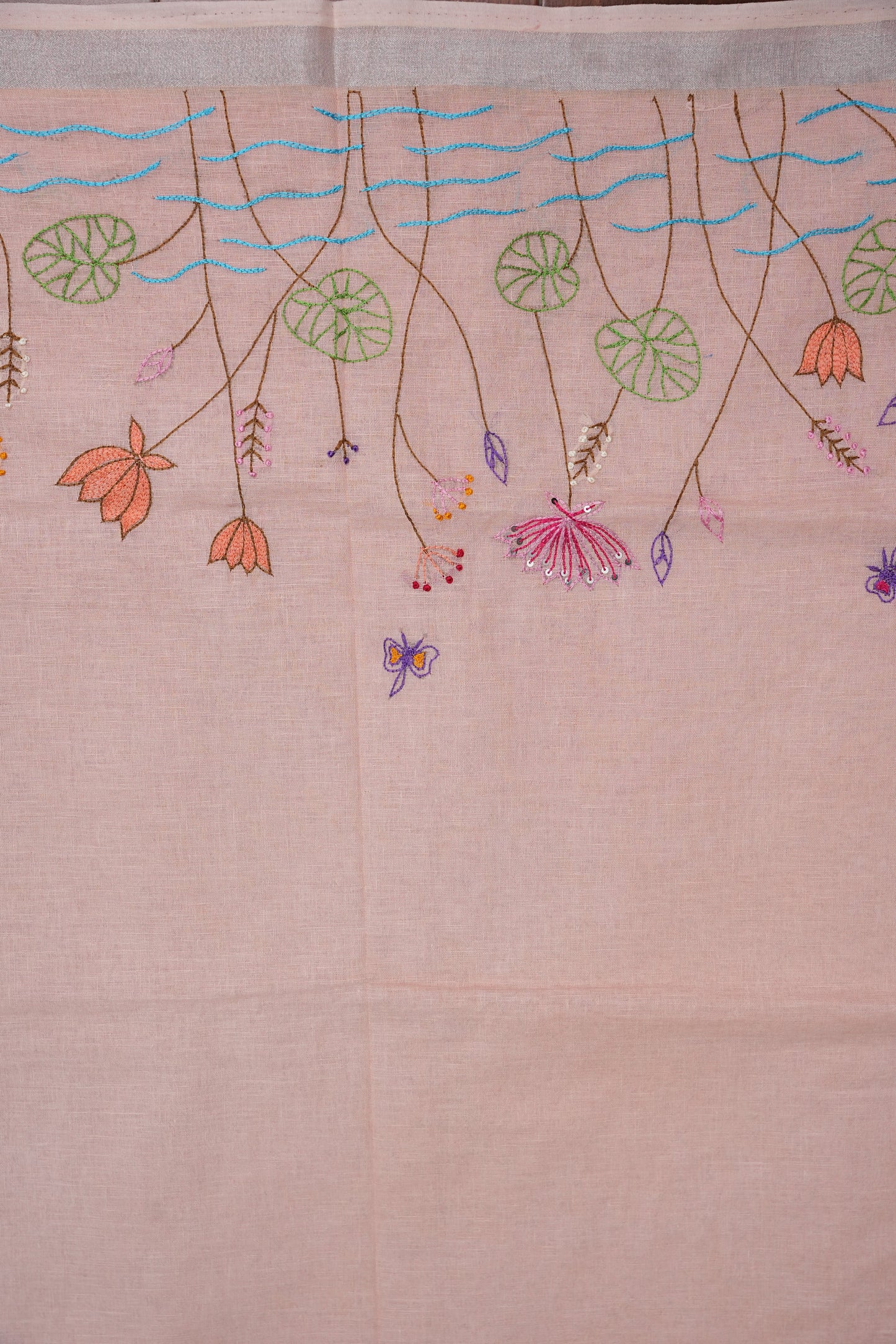 Hand Embroidery Pure Linen Saree With Tissue Border - Baby Pink