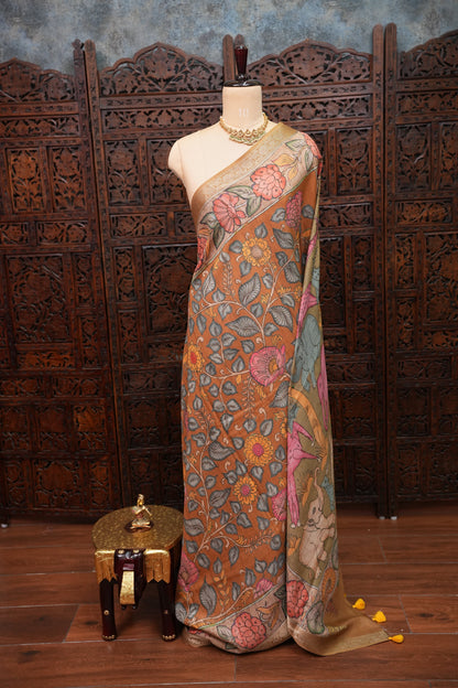Linen Tussar Saree with Kalamkari Digital Print – Olive Green Wildlife Theme