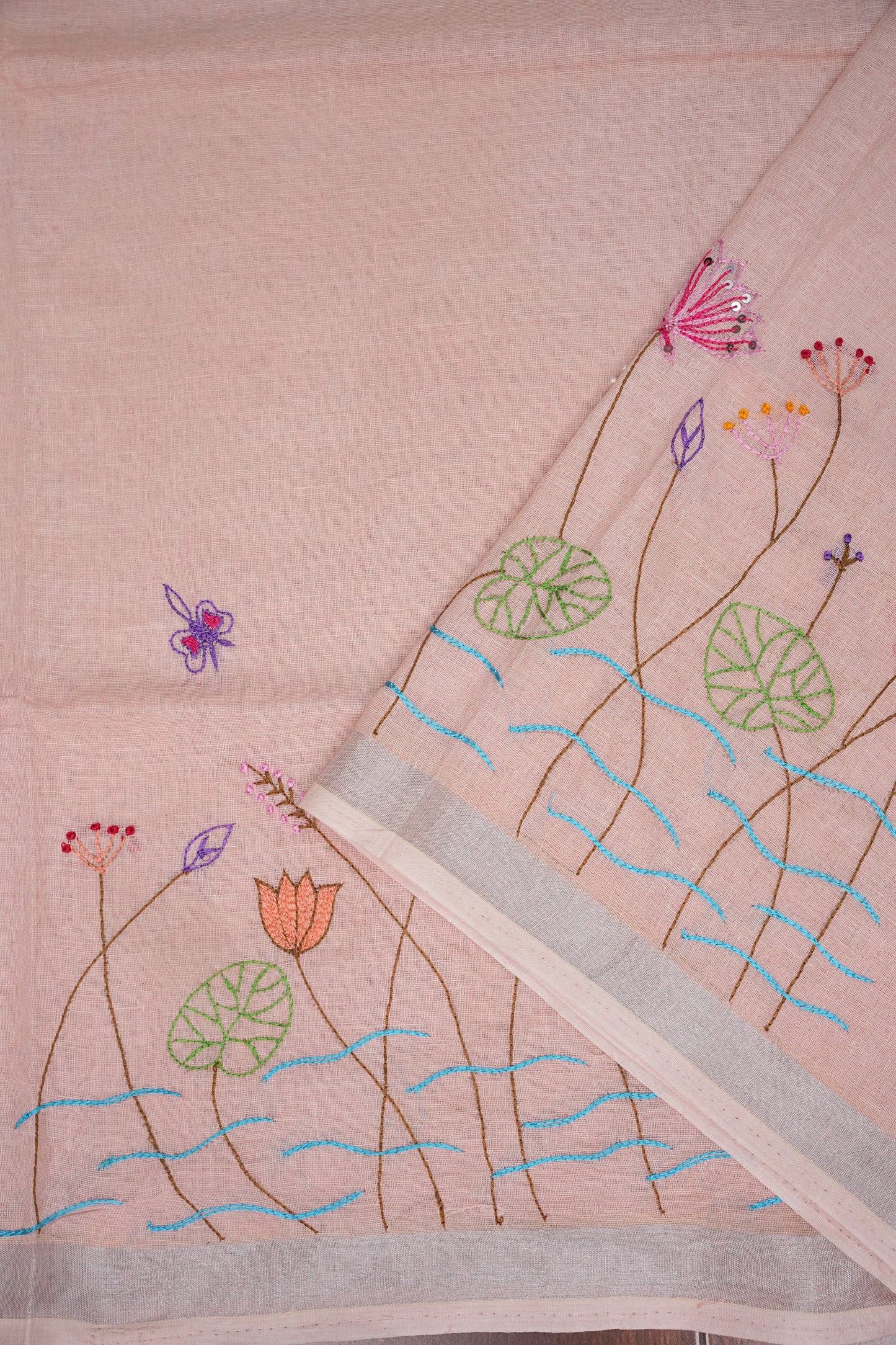 Hand Embroidery Pure Linen Saree With Tissue Border - Baby Pink