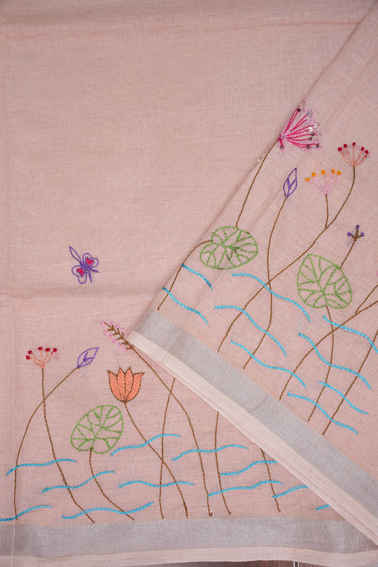 Hand Embroidery Pure Linen Saree With Tissue Border - Baby Pink