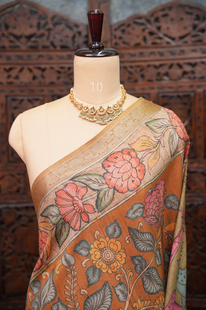 Linen Tussar Saree with Kalamkari Digital Print – Olive Green Wildlife Theme
