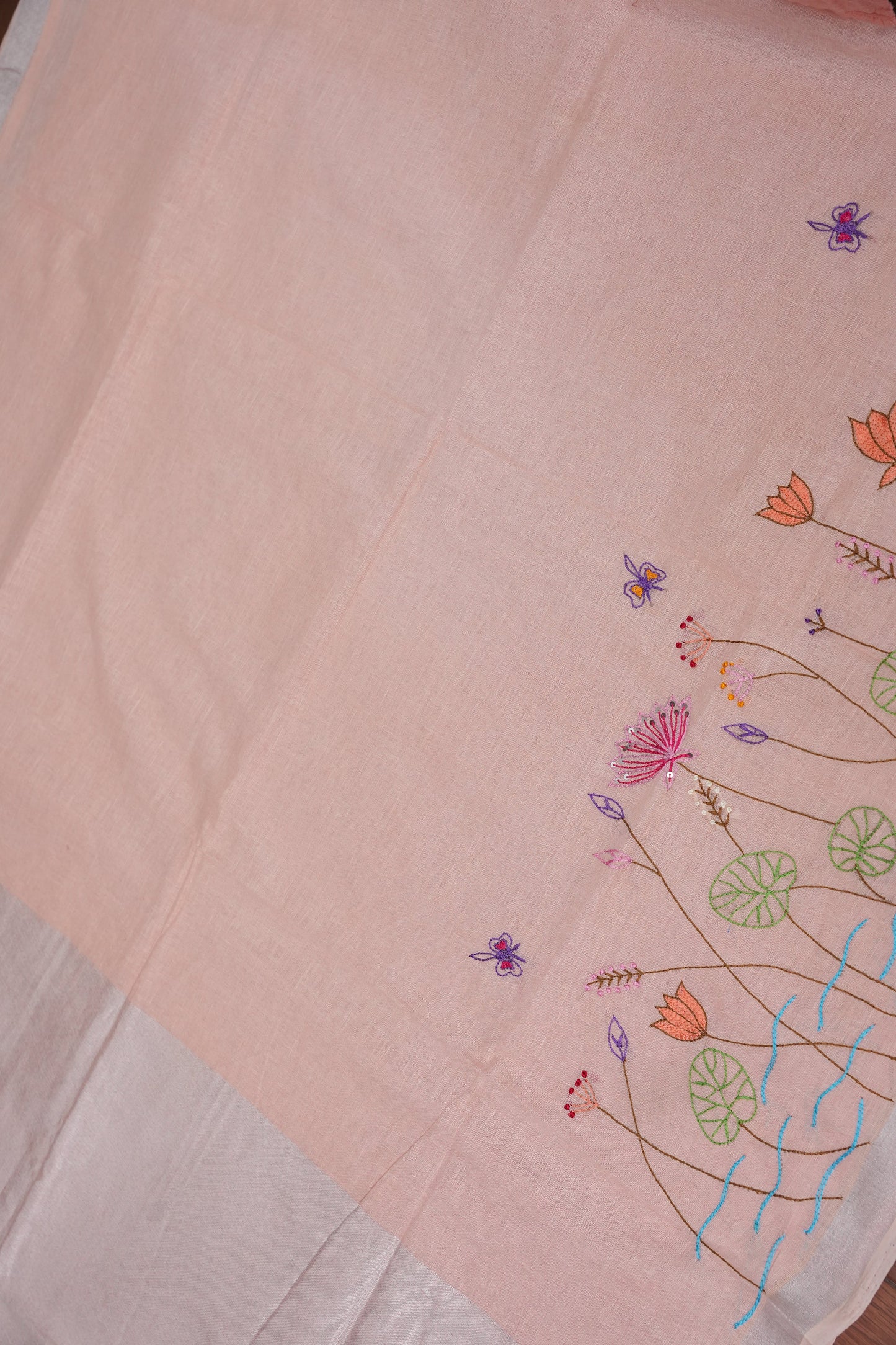 Hand Embroidery Pure Linen Saree With Tissue Border - Baby Pink