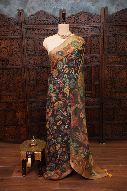 Linen Tussar Saree with Kalamkari Digital Print – Coffee Brown Mythological Theme