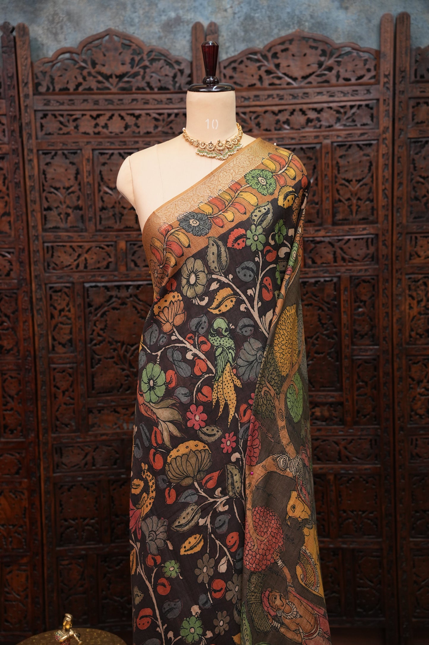 Linen Tussar Saree with Kalamkari Digital Print – Coffee Brown Mythological Theme