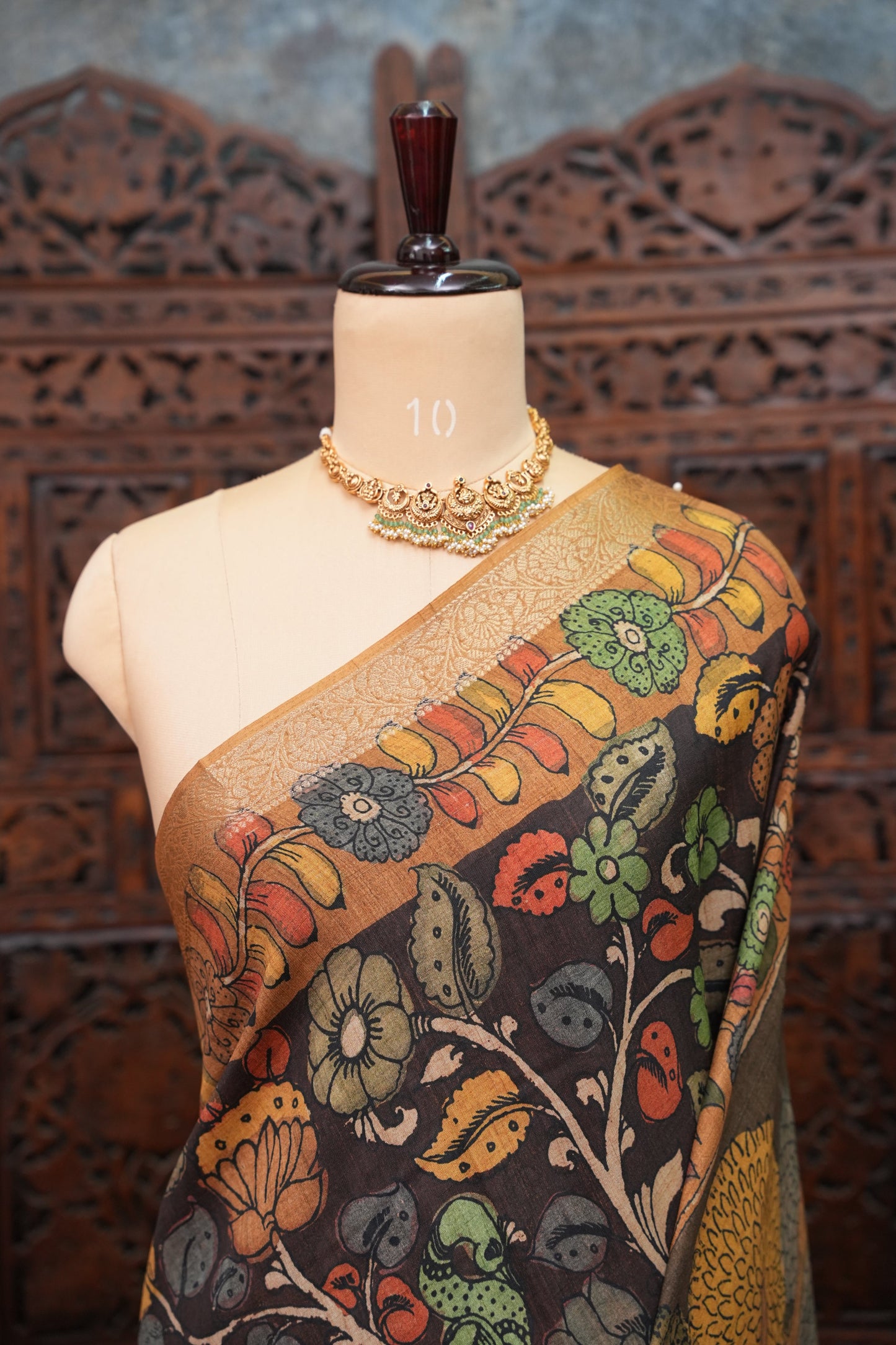 Linen Tussar Saree with Kalamkari Digital Print – Coffee Brown Mythological Theme