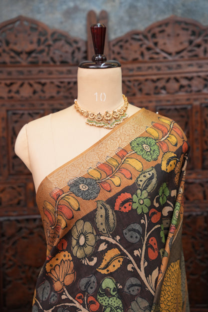 Linen Tussar Saree with Kalamkari Digital Print – Coffee Brown Mythological Theme