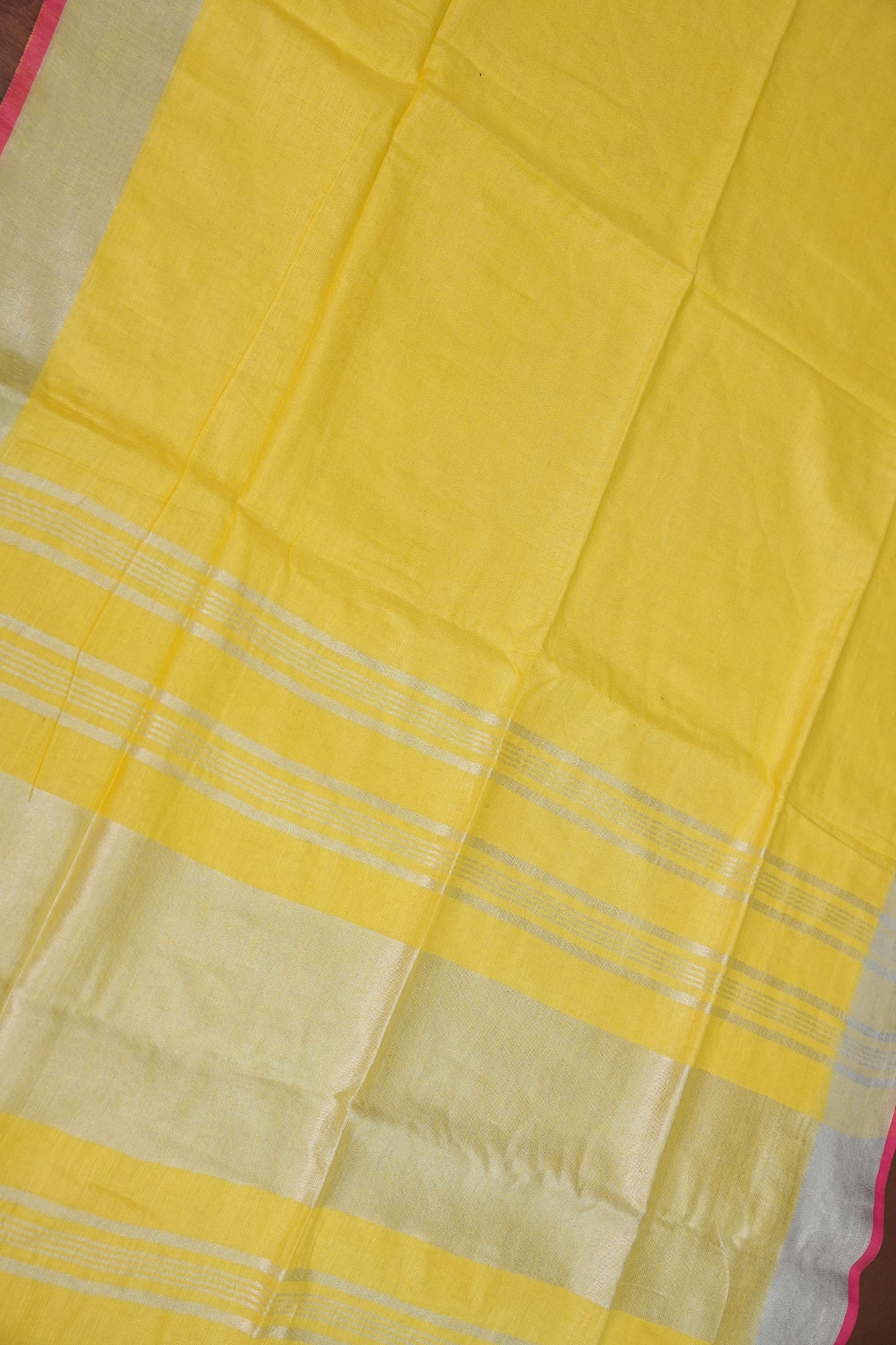 Pure Linen Saree – Sunshine Yellow with Silver Zari & Pink Accents