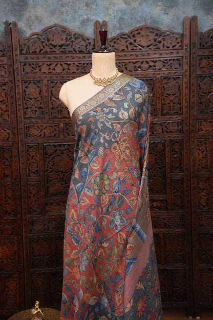 Linen Tussar Saree with Floral Kalamkari Digital Print – Slate Grey