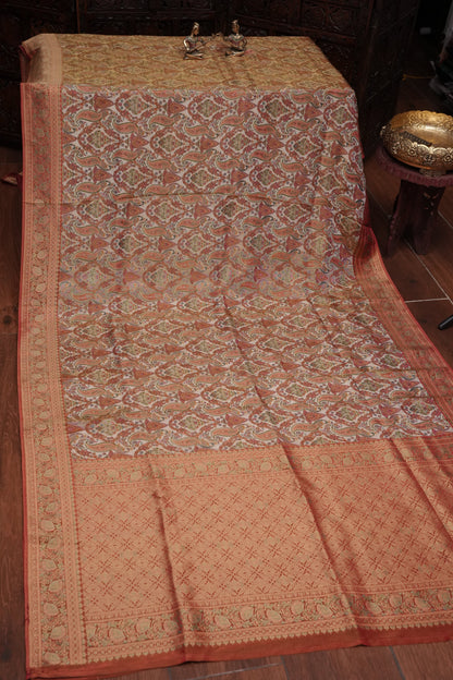 Kashmiri Pashmina Mellow Tissue Banarasi Saree - Ivory & Peach