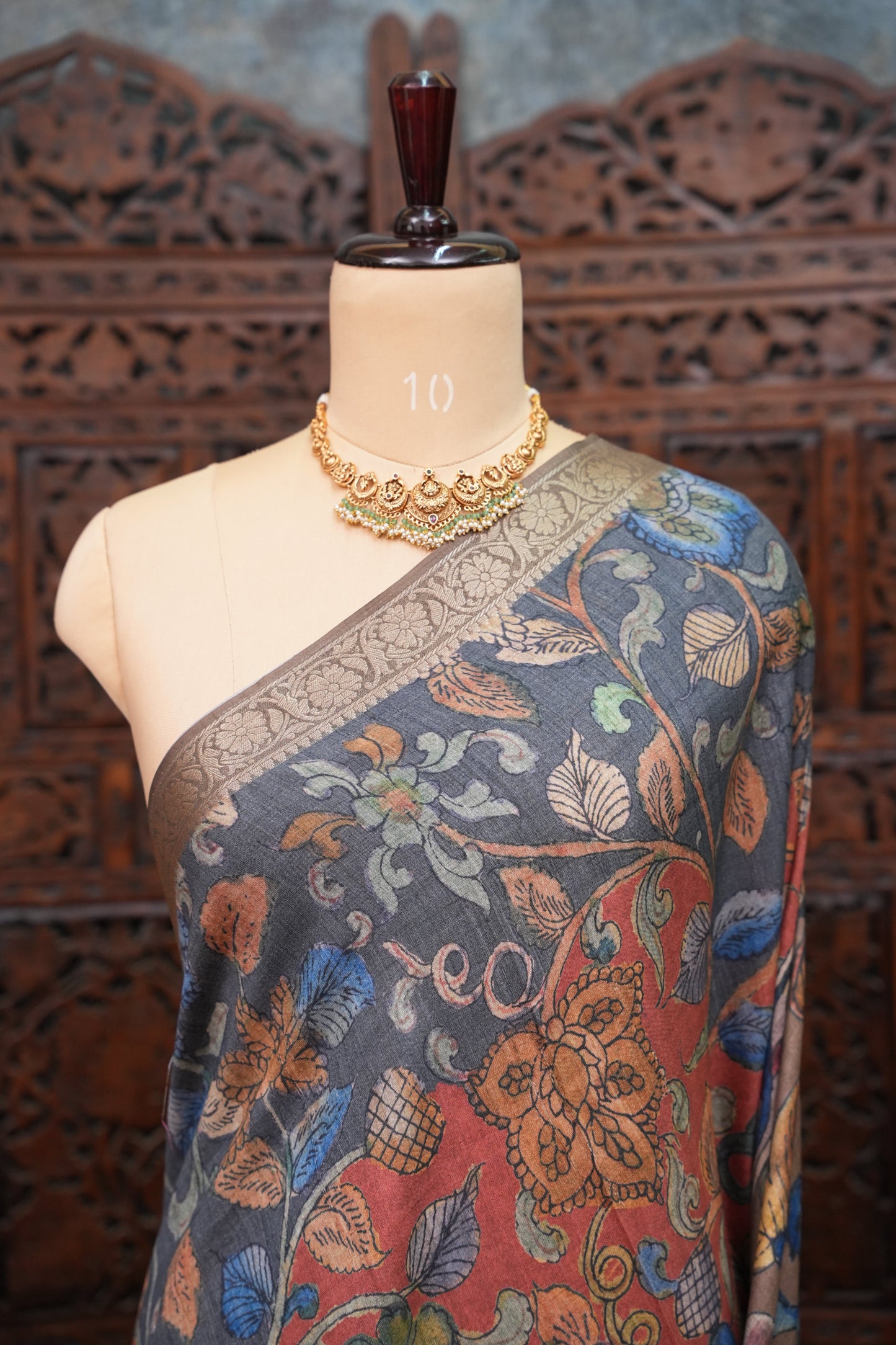 Linen Tussar Saree with Floral Kalamkari Digital Print – Slate Grey