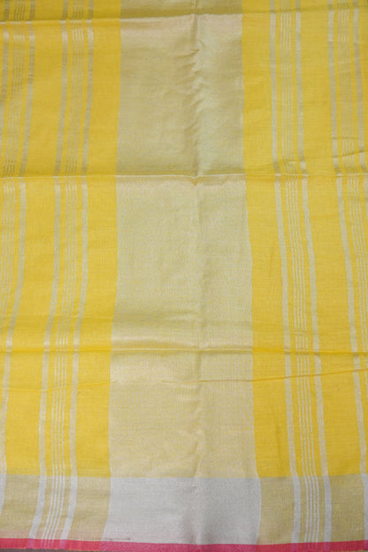 Pure Linen Saree – Sunshine Yellow with Silver Zari & Pink Accents