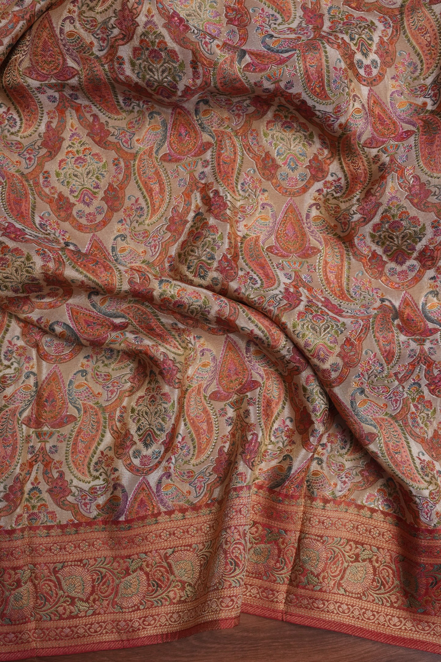 Kashmiri Pashmina Mellow Tissue Banarasi Saree - Ivory & Peach