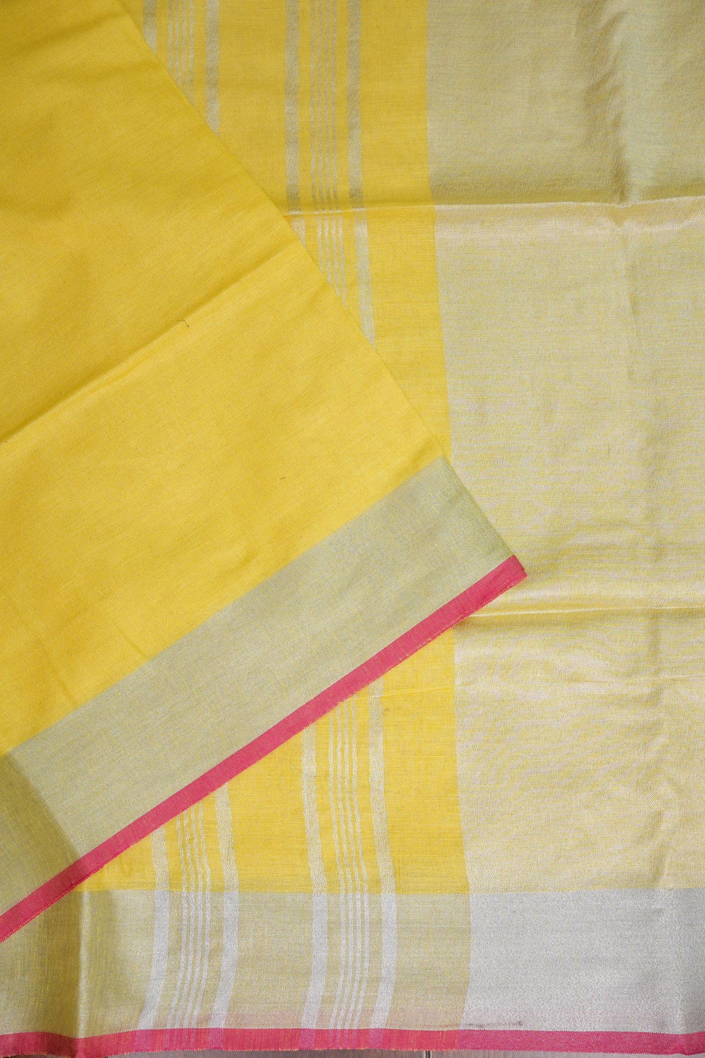 Pure Linen Saree – Sunshine Yellow with Silver Zari & Pink Accents
