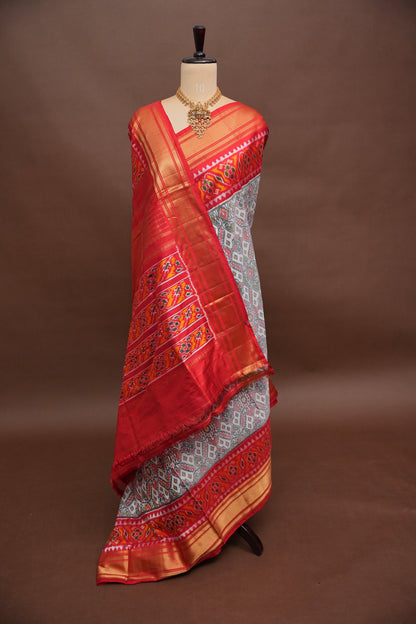 Pure Ikkat Soft Silk Saree - White & Red