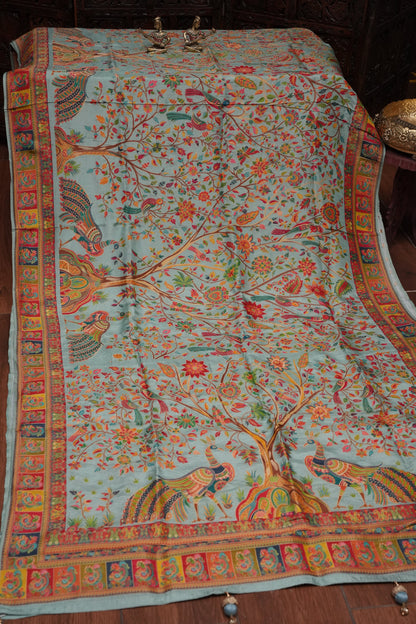 Kashmiri Pashmina Banarasi Story Telling Saree - Baby Green