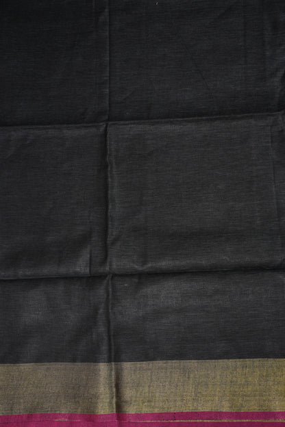 Pure Linen Saree-Classic Black with Antique Gold Border & Pink Accents