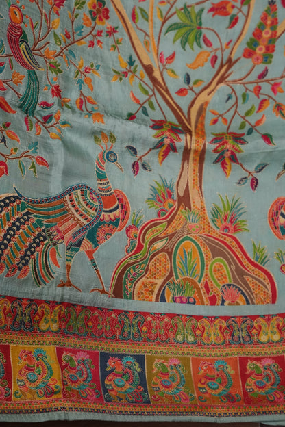 Kashmiri Pashmina Banarasi Story Telling Saree - Baby Green
