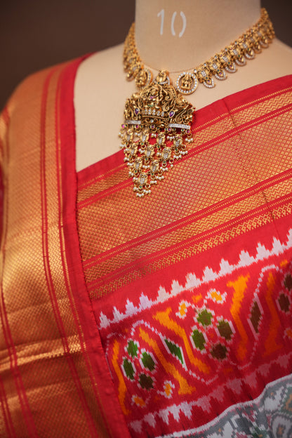 Pure Ikkat Soft Silk Saree - White & Red