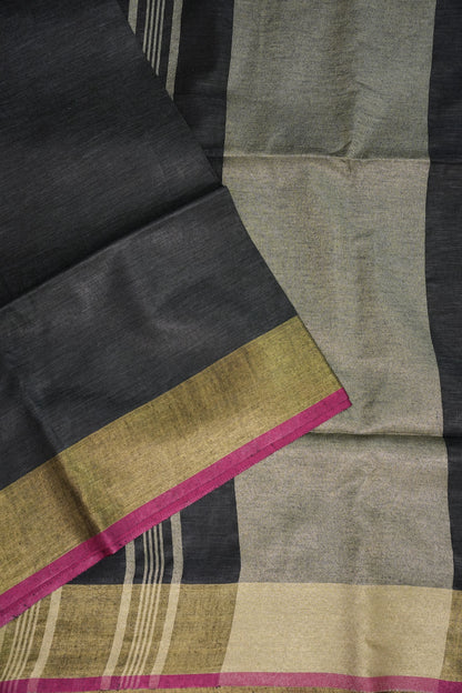Pure Linen Saree-Classic Black with Antique Gold Border & Pink Accents