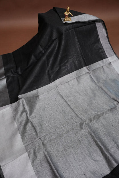 Pure Linen Silk Saree – Classic Black & Silver Dual Tone with Minimalist Border