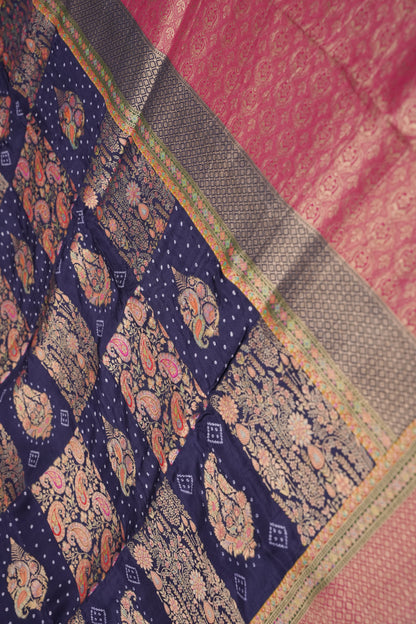 Kashmiri Pashmina Banarasi Story Telling Saree - Navy Blue & Pink