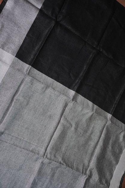Pure Linen Silk Saree – Classic Black & Silver Dual Tone with Minimalist Border