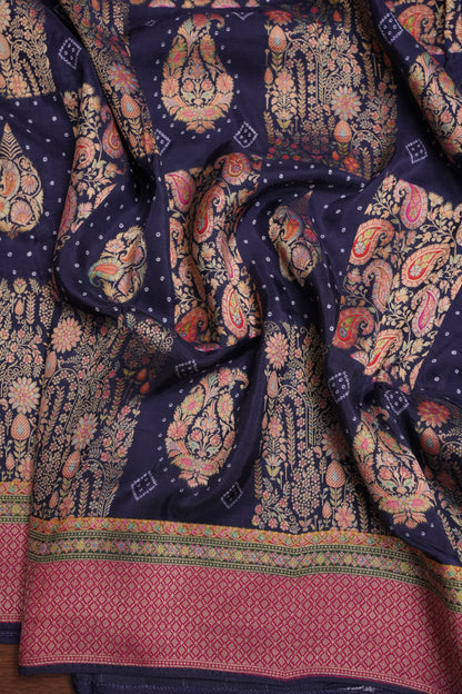 Kashmiri Pashmina Banarasi Story Telling Saree - Navy Blue & Pink