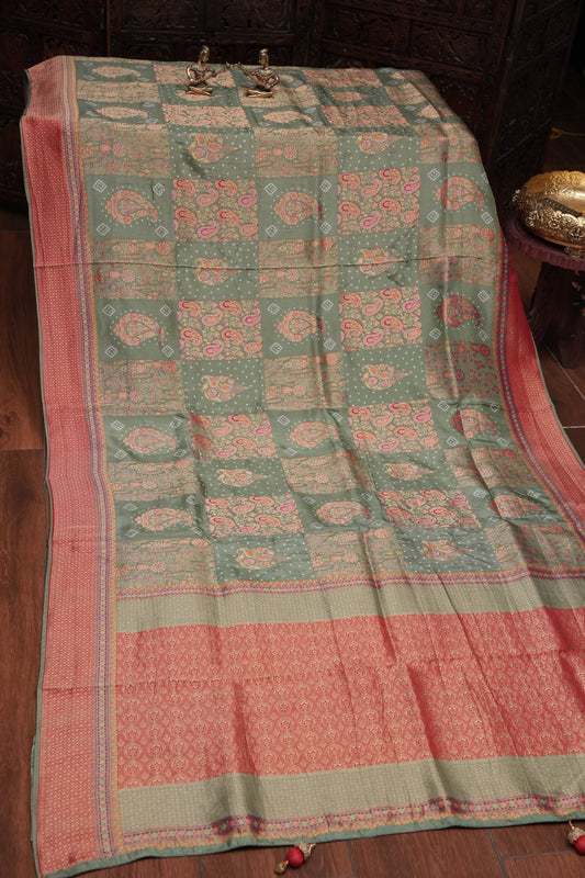 Kashmiri Pashmina Story Telling Banarasi Saree - Sage Green