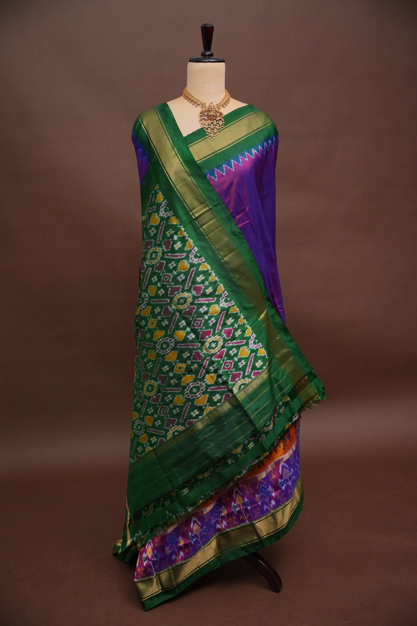 Pure Ikkat Soft Silk Saree - Bottle Green & Deep Purple