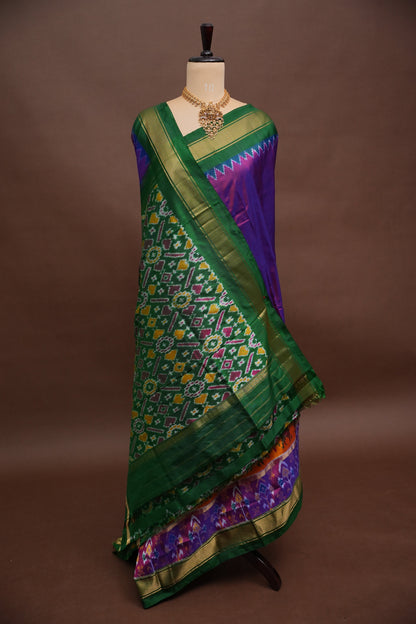 Pure Ikkat Soft Silk Saree - Bottle Green & Deep Purple
