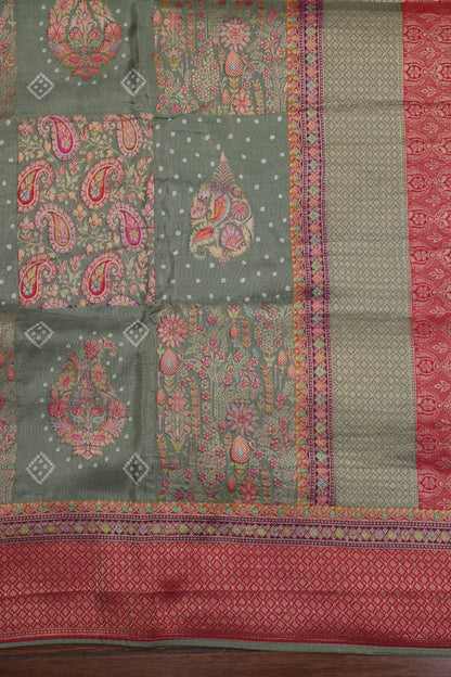 Kashmiri Pashmina Story Telling Banarasi Saree - Sage Green