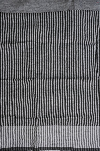 Pure Linen Silk Saree – Classic Black & Silver Dual Tone with Minimalist Border