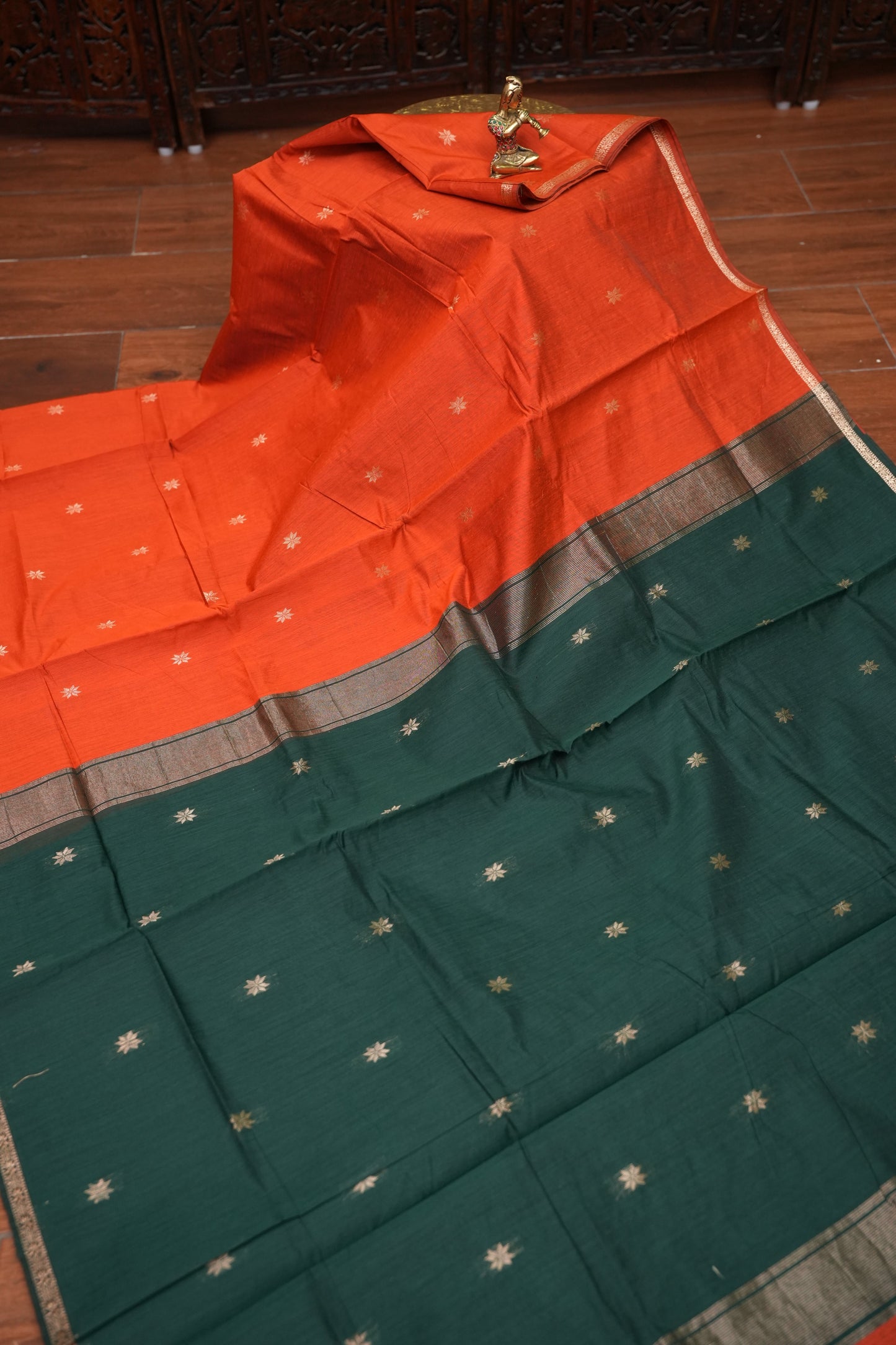 Maheshwari Silk Cotton Saree|Orange & Green