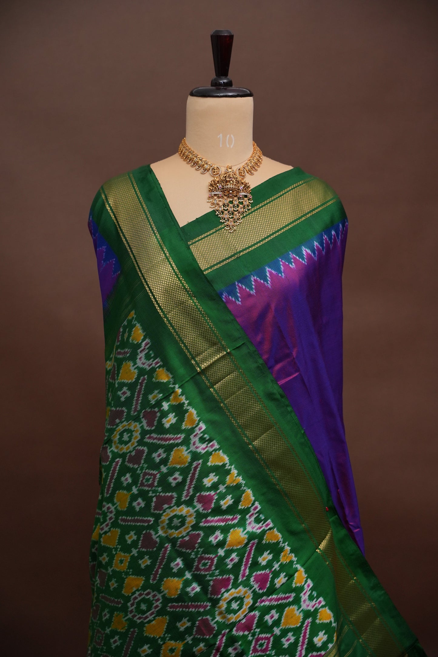 Pure Ikkat Soft Silk Saree - Bottle Green & Deep Purple
